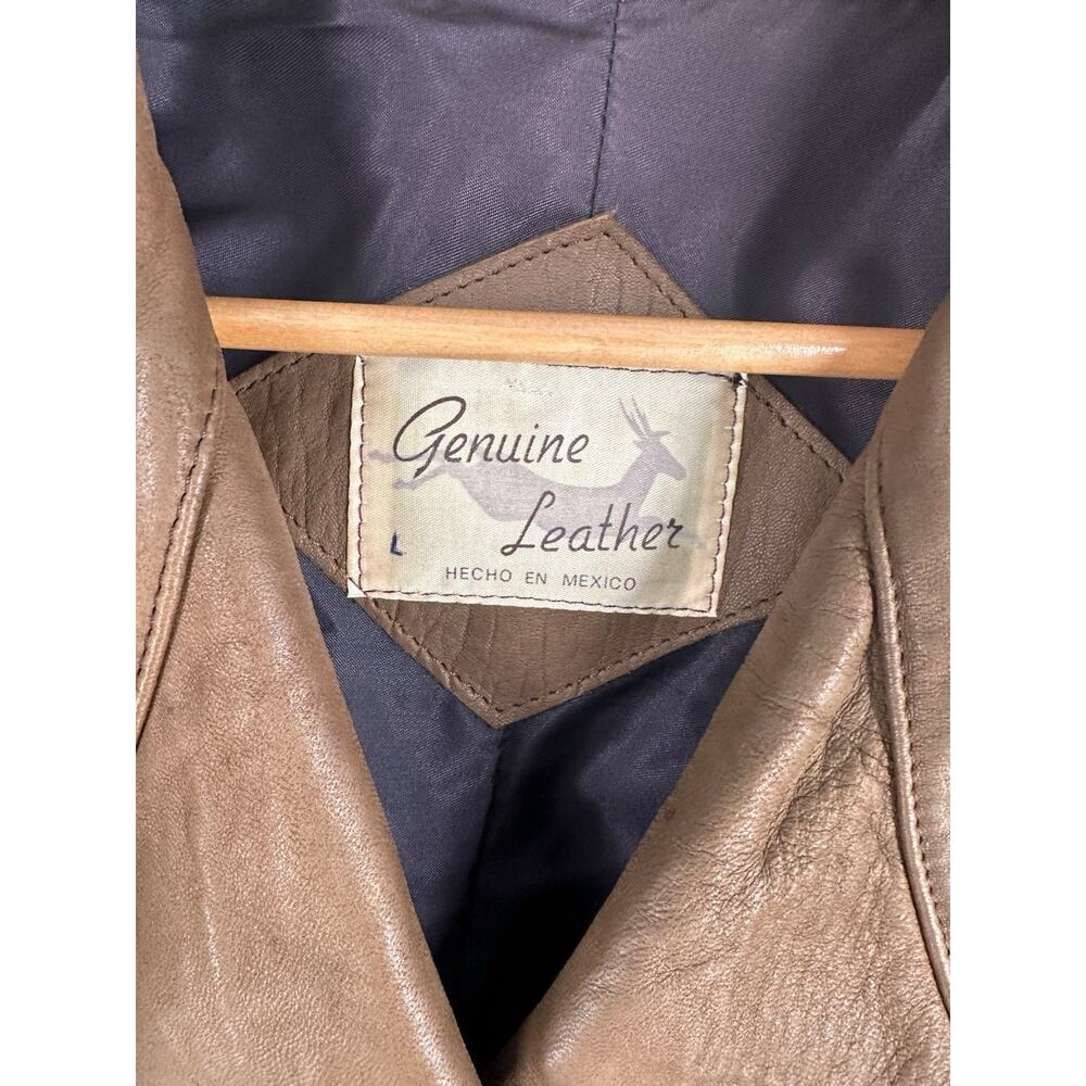 Womens Brown Soft Leather Cropped Biker Bomber Jacket Sz L Mexico Lapel Buckles - Picture 2 of 6